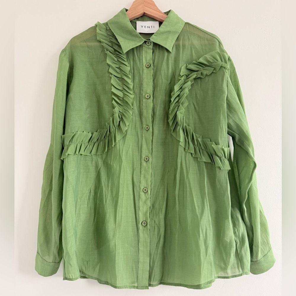 Venti Cottagecore green Lace Trim romantic Blouse luxury polka Size L